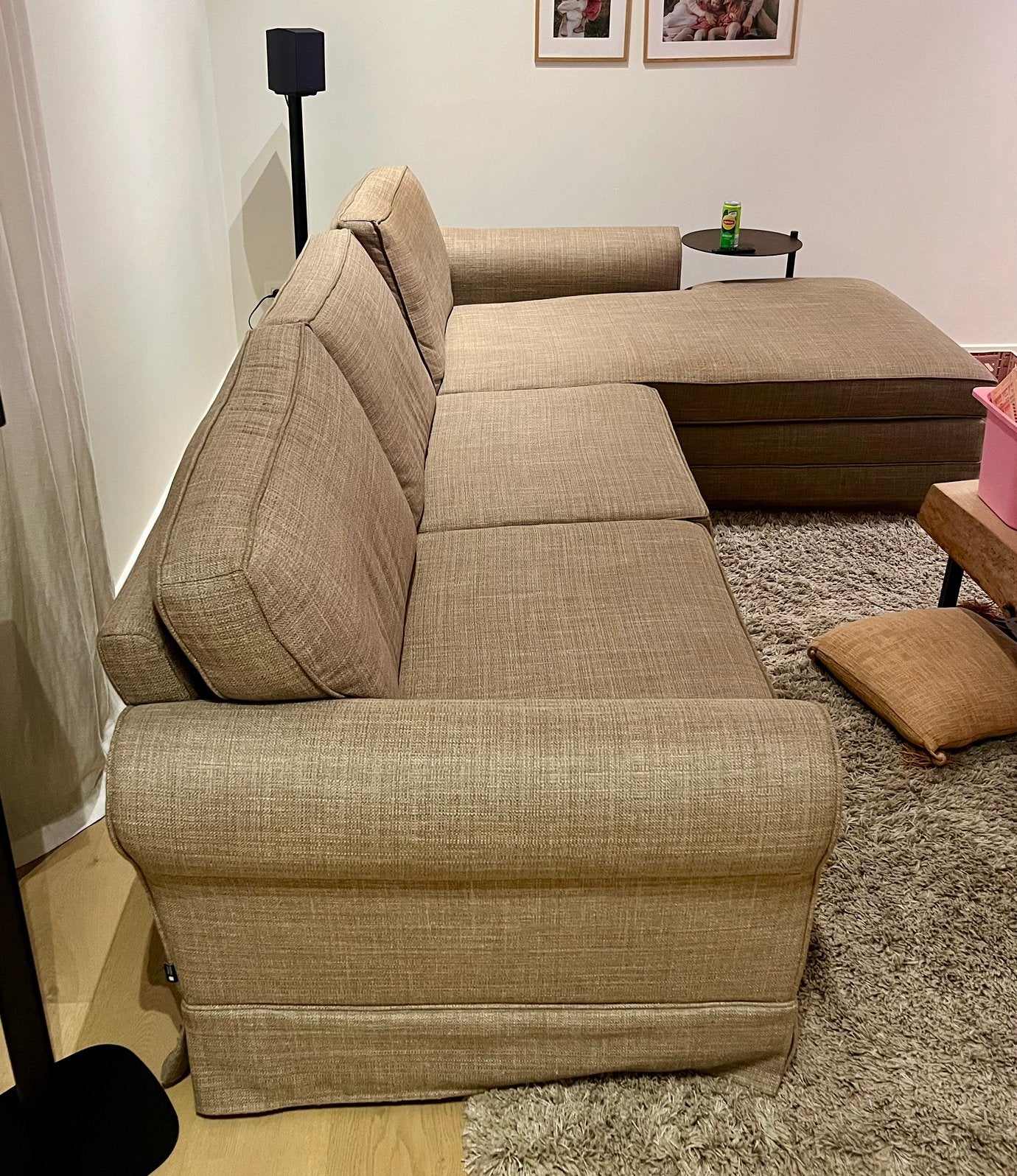 Zetel - hoeksalon - driezit met ligbed bruin stof, Huis en Inrichting, Ophalen, 250 tot 300 cm, Gebruikt, Landelijk