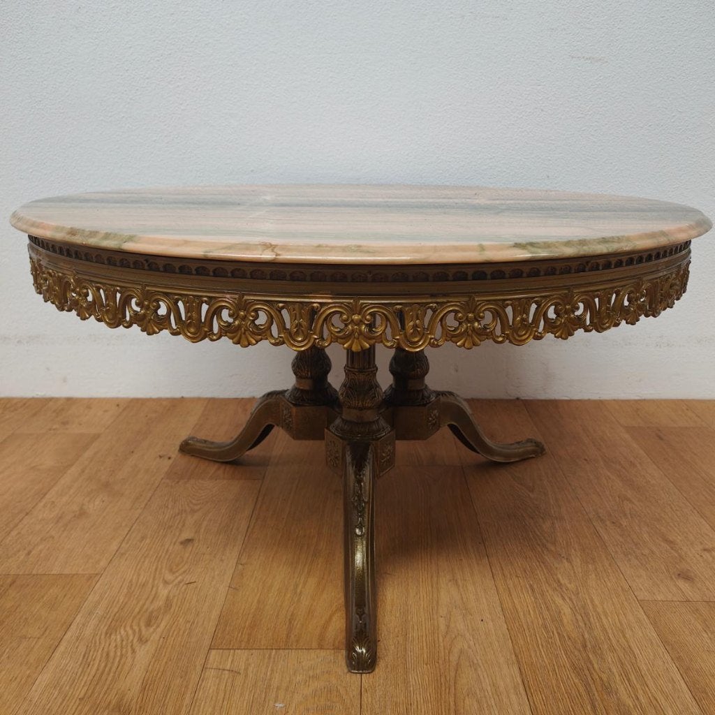 Vintage Regency ronde salontafel met marmer onyx blad 86cm, Antiquités & Art, Enlèvement ou Envoi