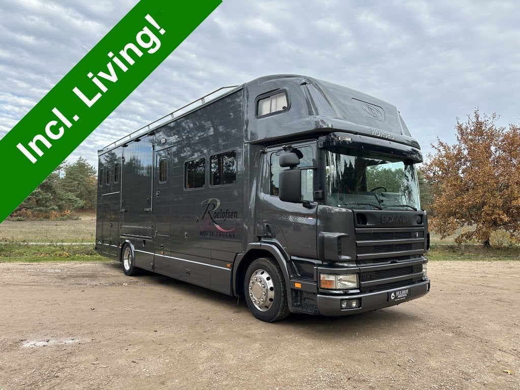 Scania 18T ROELOFSEN 6-paards paardenvrachtwagen LIVING, Auto's, Vrachtwagens, Te koop, Achteruitrijcamera, Lederen bekleding