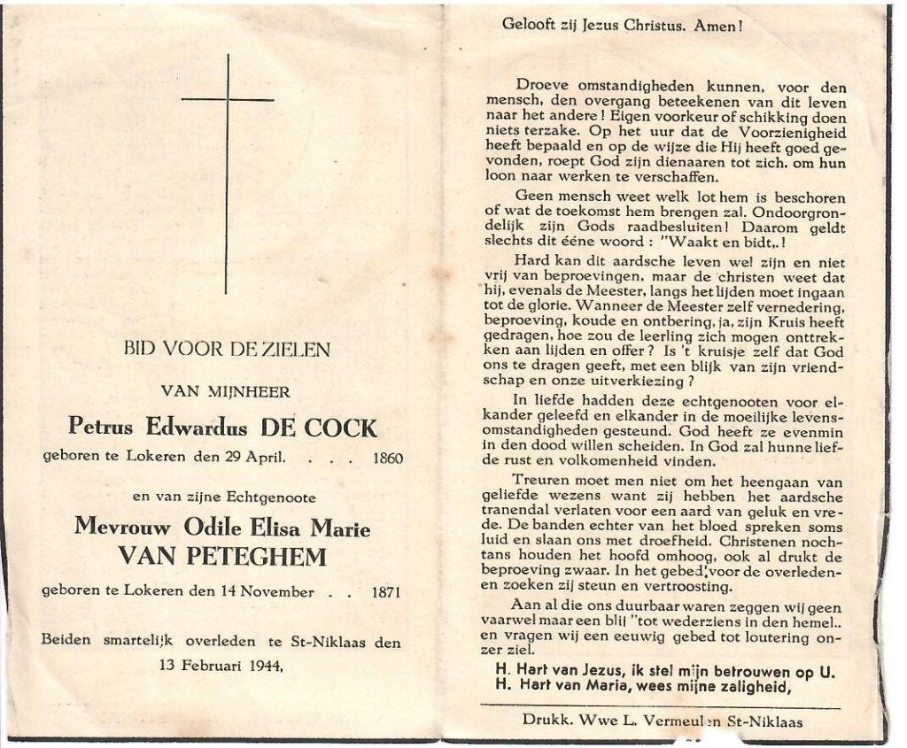 P. De Cock en O. Van Peteghem smartelijk overleden 13/2/1944, Verzamelen, Ophalen of Verzenden