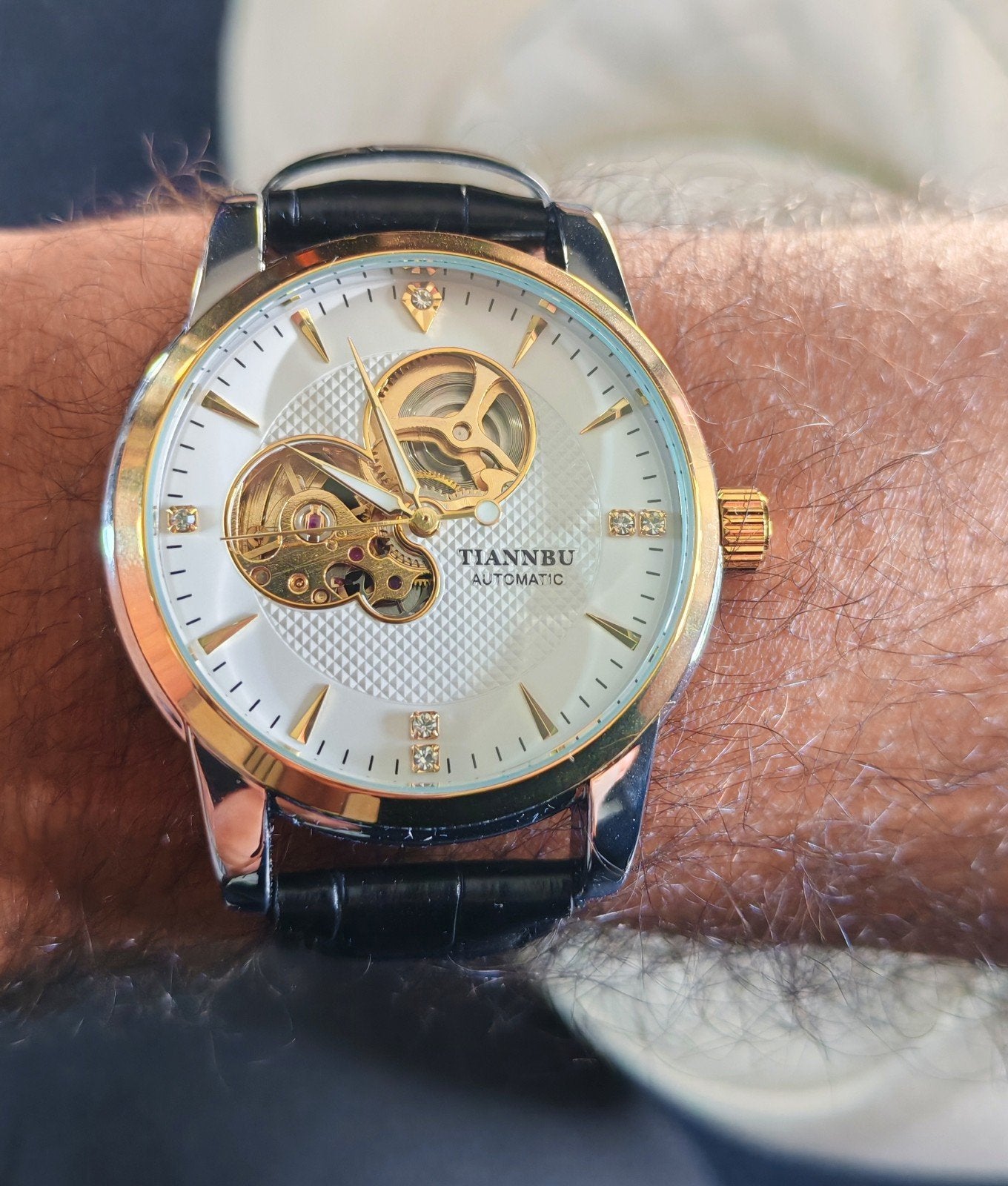 Montre Automatique Tiannbu Homme Cœur Ouvert – Bracelet Cuir, Envoi, Neuf, Blanc