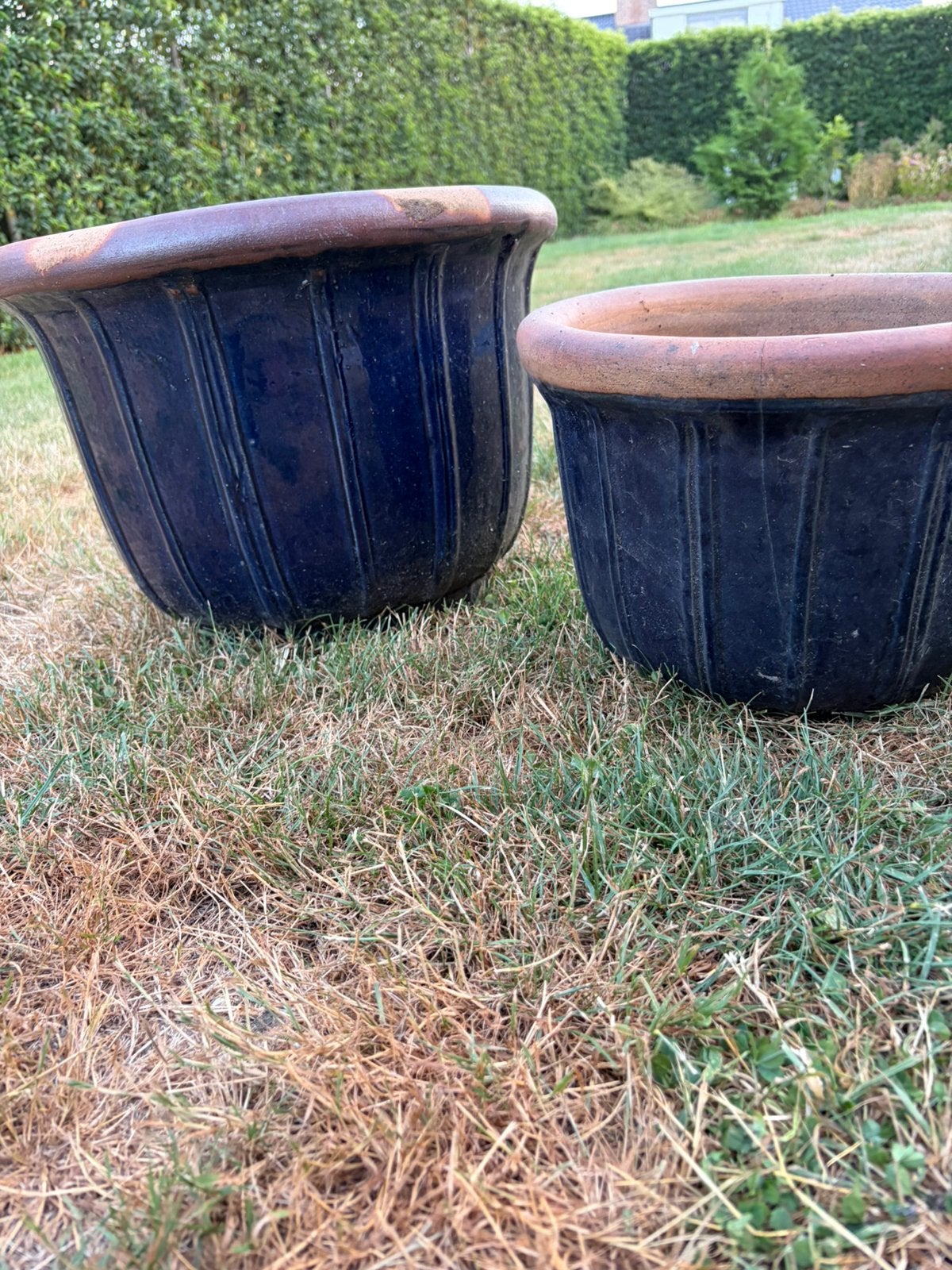 Mooie blauwe stenen bloempotten, Tuin en Terras, Bloempotten, Ophalen, Steen, Gebruikt, 40 cm of meer