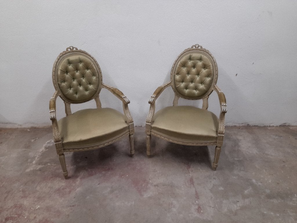 Set van 2 mooie groene Henry III Chippendale open armstoelen, Ophalen