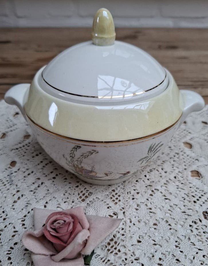 Vintage Franse pastel suikerpot, Aziatische afbeelding, GIEN, Antiek en Kunst, Ophalen of Verzenden