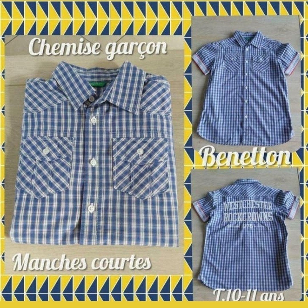 Chemise MC pour garçon -bleu/blanc-Benetton-T.10-11, Kinderen en Baby's, Kinderkleding | Maat 140, Gebruikt, Overhemd of Blouse