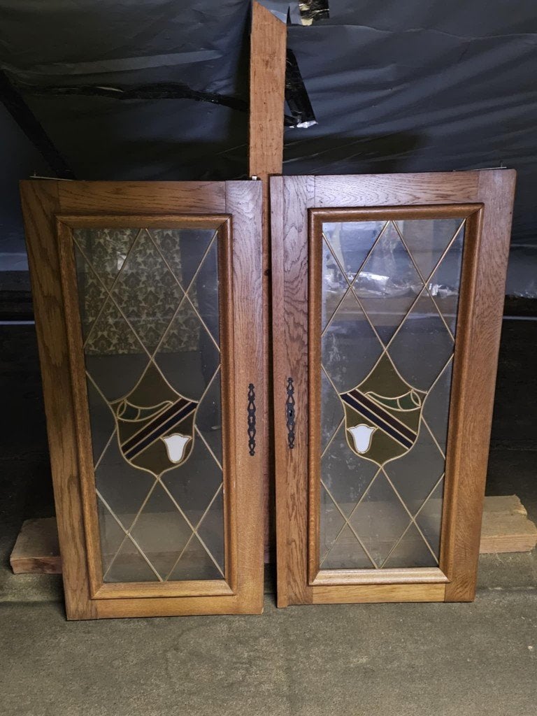 Eikenhouten kastdeurtjes met glas-in-lood, Antiek en Kunst, Ophalen