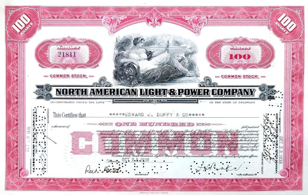 North American Lights & Power Company 1938, Enlèvement ou Envoi, 1920 à 1950, Certificat d'action