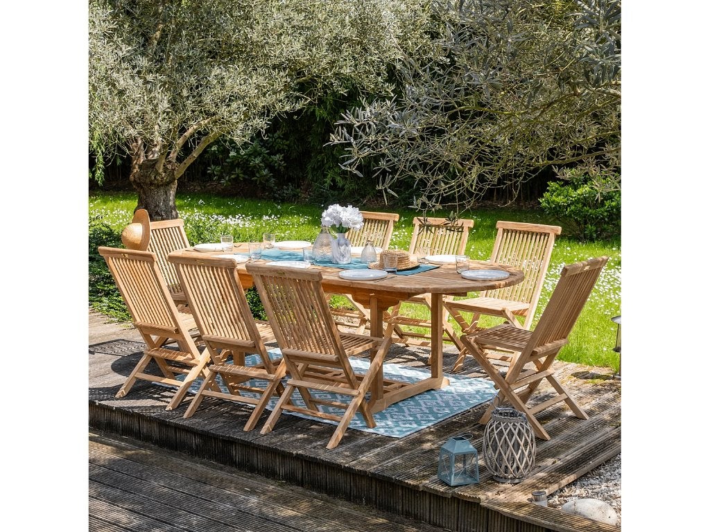 Opportunité salon jardin bois Table rallonge 8 ch coussins, Ophalen, Gebruikt, Hout