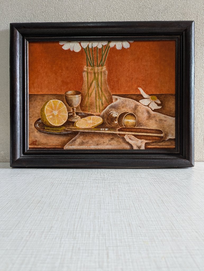 "Stilleven met citroen, bloemen, zilveren glazen", Antiek en Kunst, Stilleven, Gesigneerd, Olieverf, Klassiek