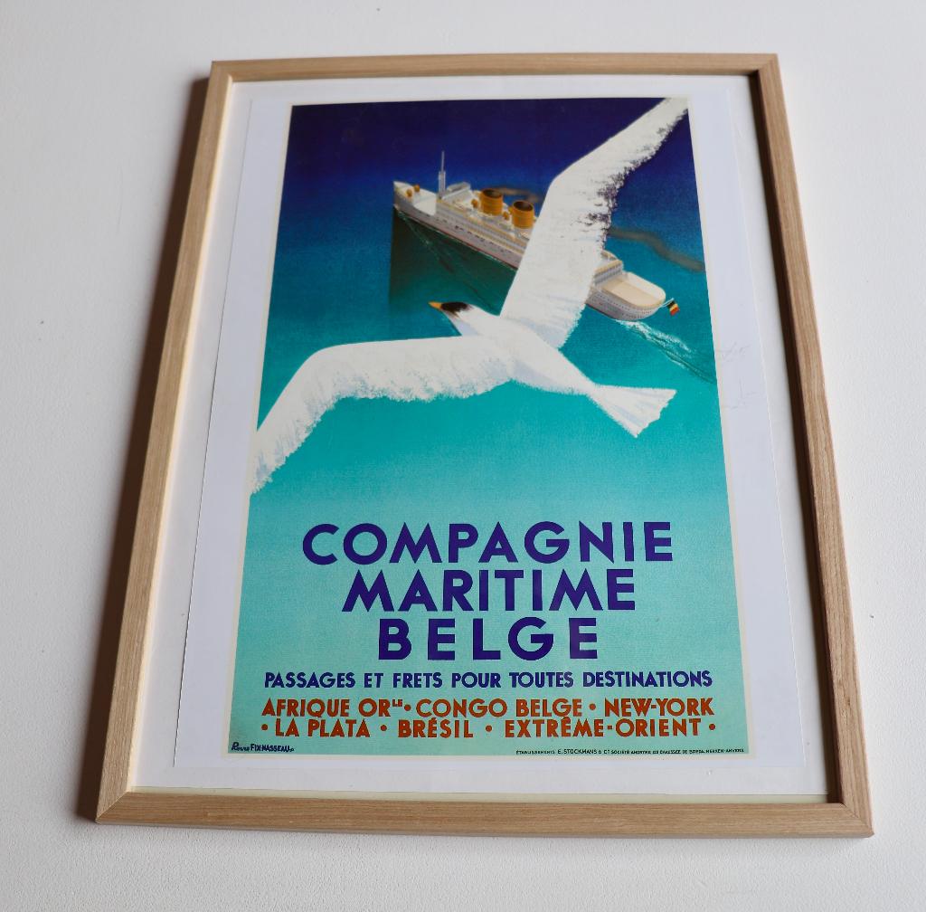 Ingelijste oude  Poster Compagnie Maritime Belge, Verzamelen, Verzenden, Nieuw, Motorboot, Kaart, Foto of Prent