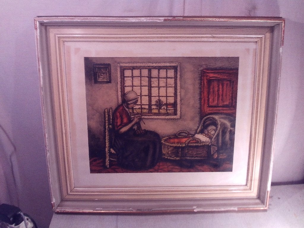Prachtige oude Tekening 'Vrouw met Baby in Wieg' - G Vossen, Antiquités & Art, Enlèvement ou Envoi, Dessin, Fait main