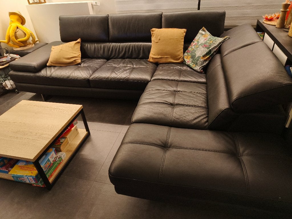 Hoeksalon zwart leder, Huis en Inrichting, Ophalen, Gebruikt, Leer, Modern