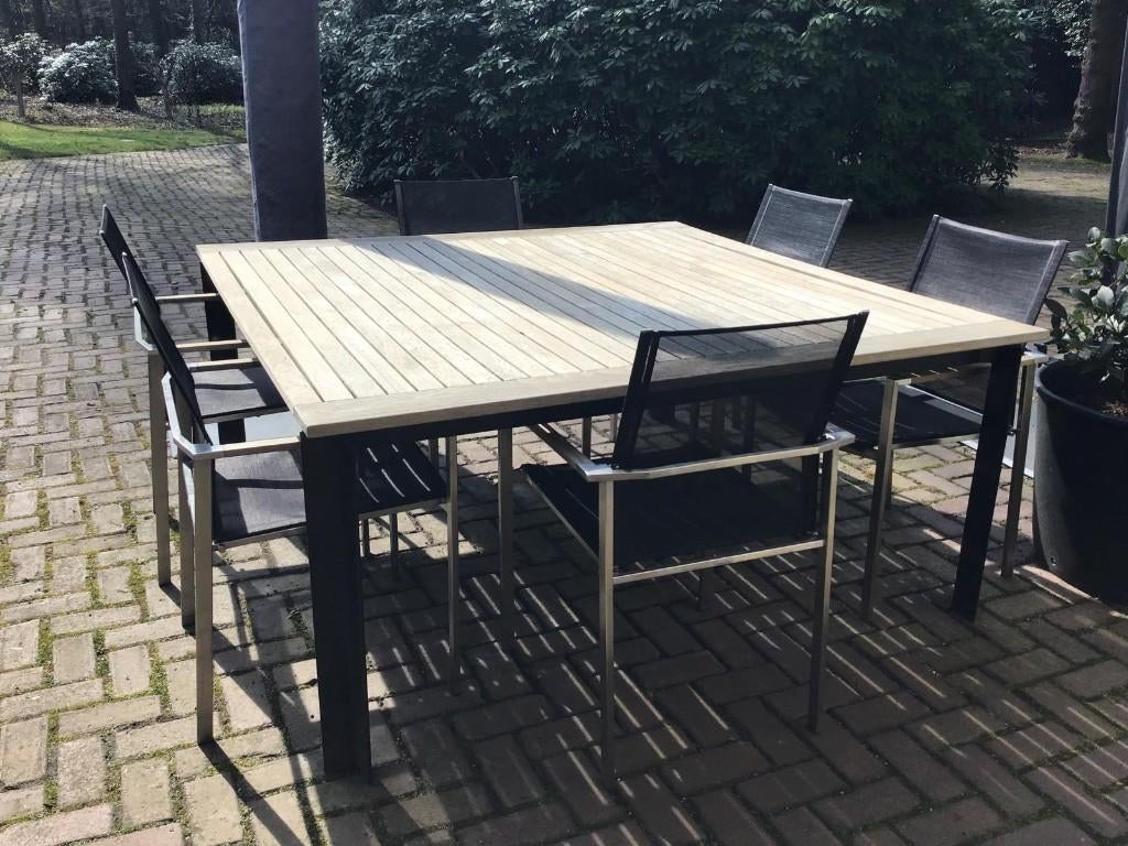Val-Eur teak tafel met 6 Barlow Tyrie textyleen stoelen, Tuin en Terras, Tuinsets en Loungesets, Gebruikt, Tuinset, Teakhout, 6 zitplaatsen