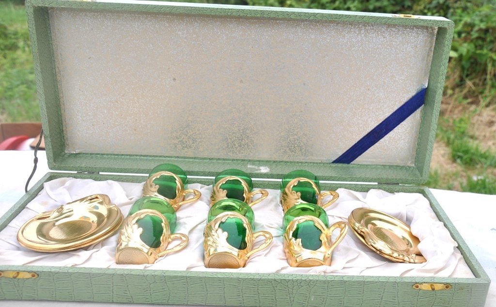 coffret 6 verres liqueur avec base et coupelle metal, Antiquités & Art, Enlèvement ou Envoi