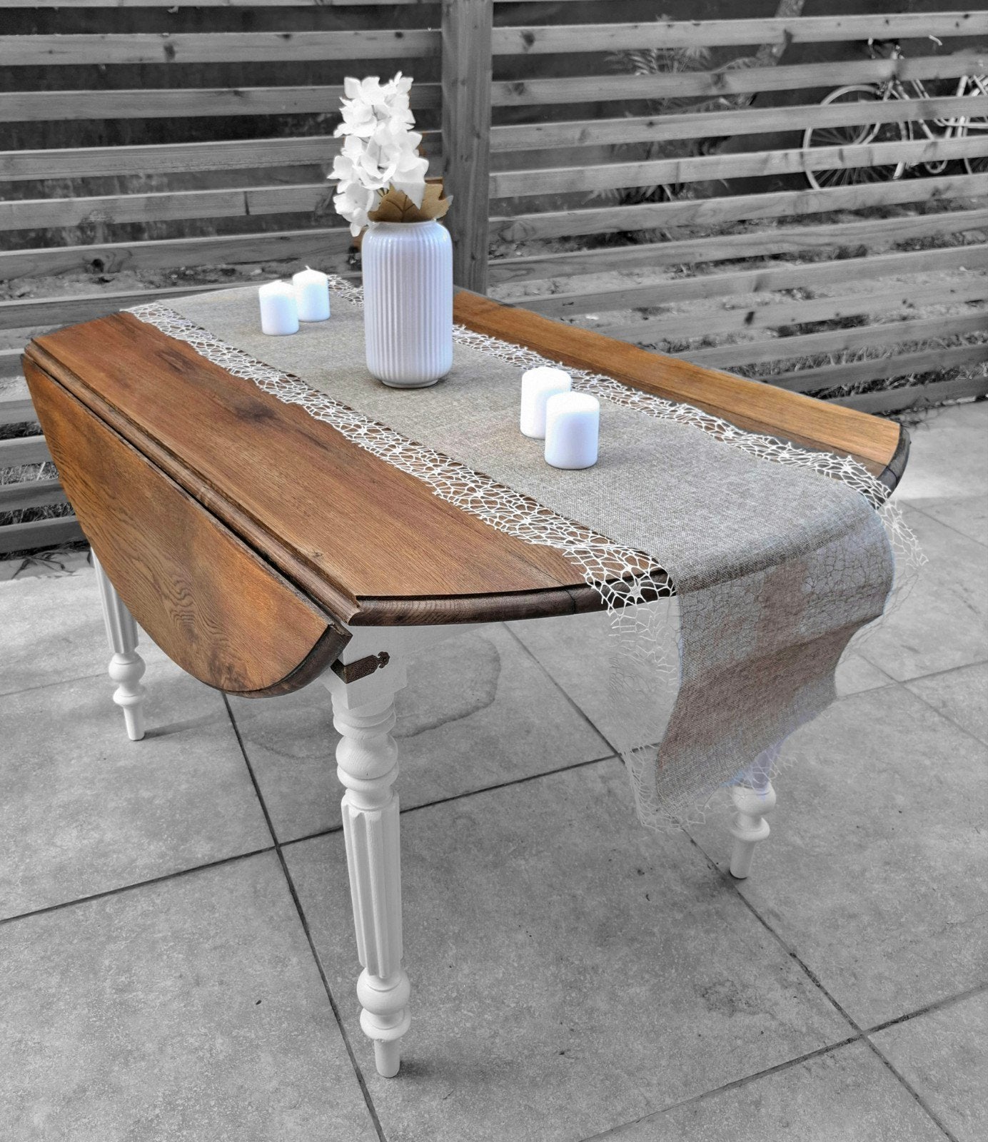 Ancienne table de ferme chêne massif Ø130cm, rabattable, Enlèvement, Blanc