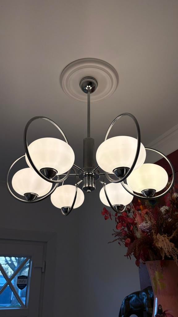 Vintage Hanglamp Chroom Ringen en Opaline Glas, 1970s, Ophalen, Gebruikt, Glas