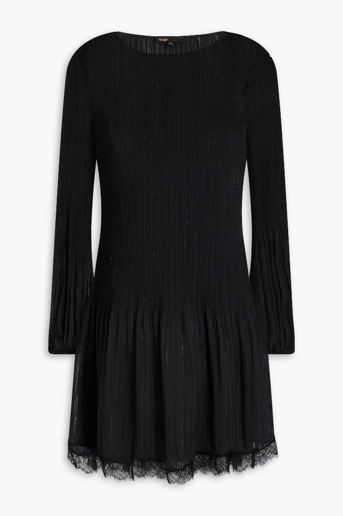 Mini-robe plissée en organza à bordure en dentelle Maje, Neuf, Taille 36 (S), Maje, Noir