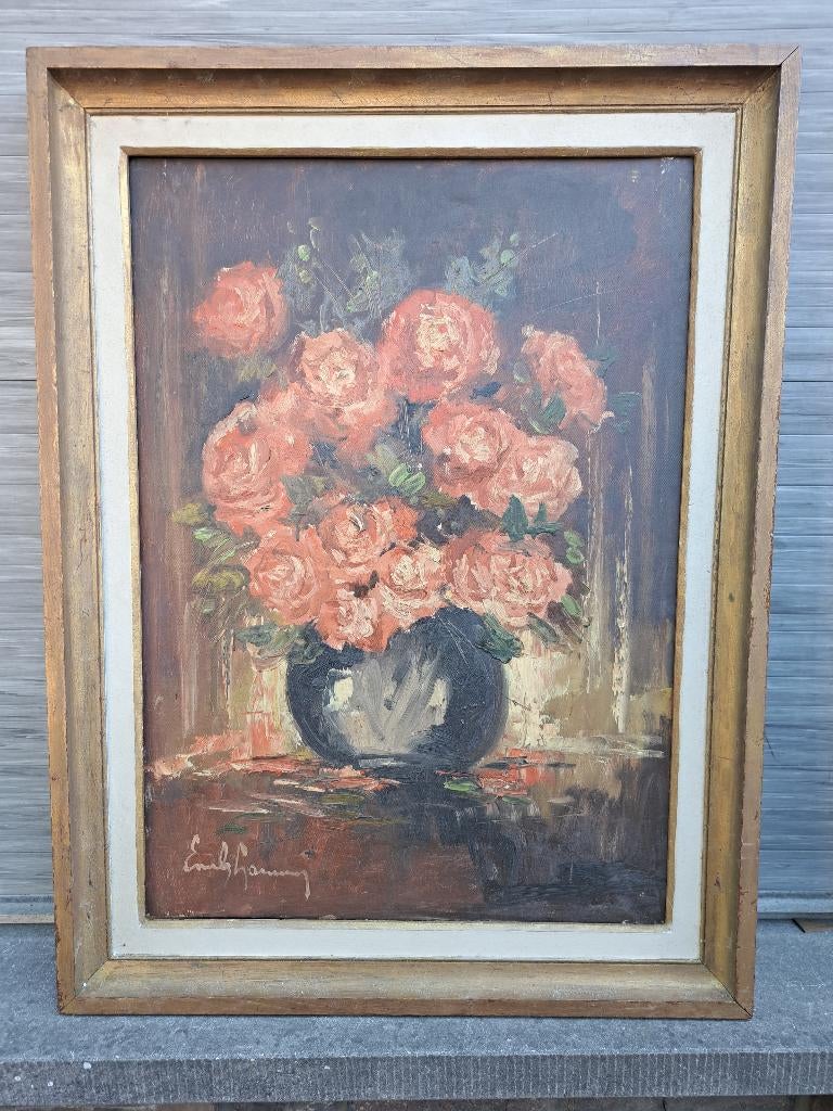 Huile sur toile fleur signe Émile lammers, Antiek en Kunst, Ophalen of Verzenden