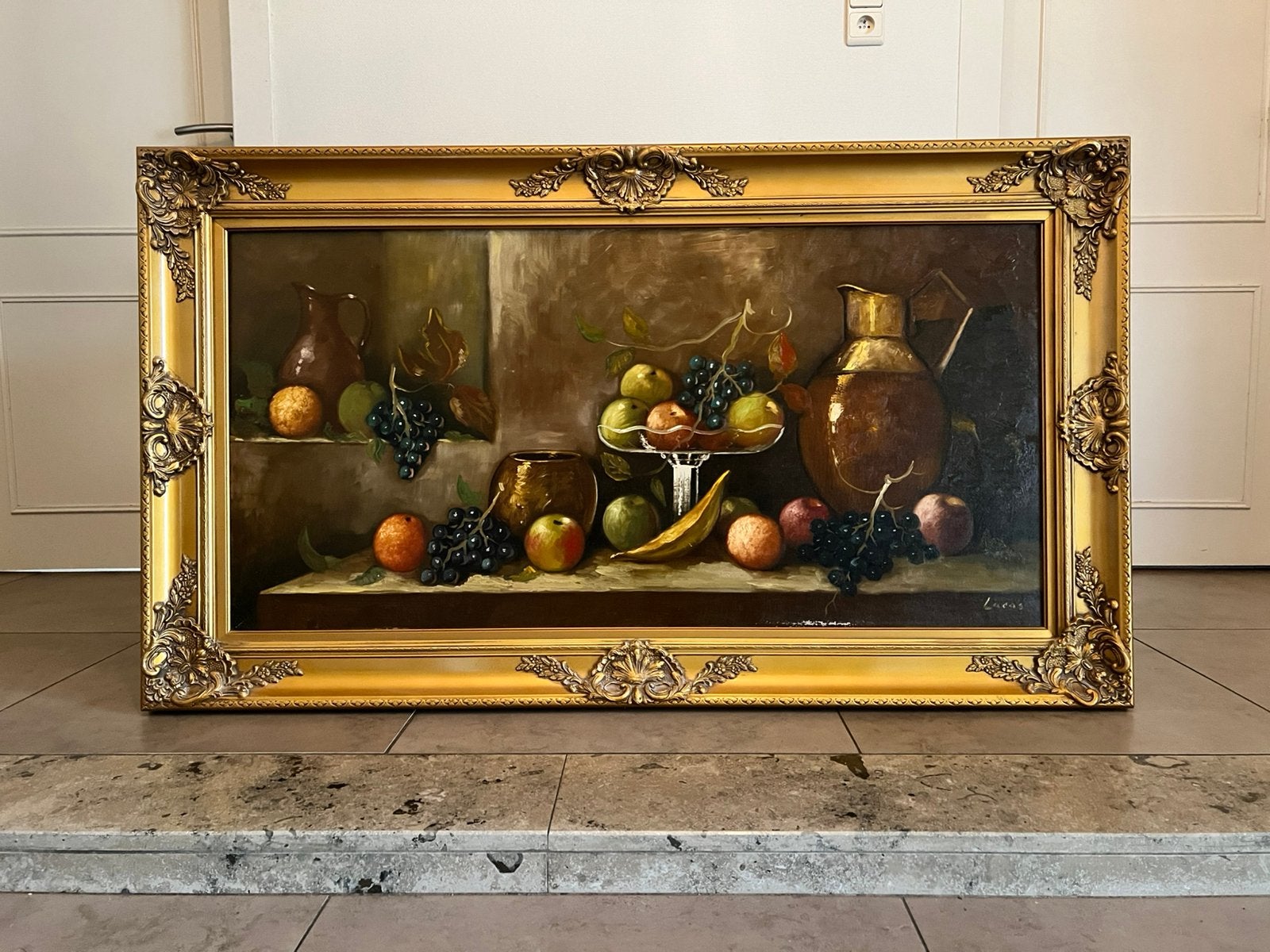 Groot 141x81 gesigneerd stilleven in prachtige kader, Ophalen, Klassiek, Ingelijst, Stilleven