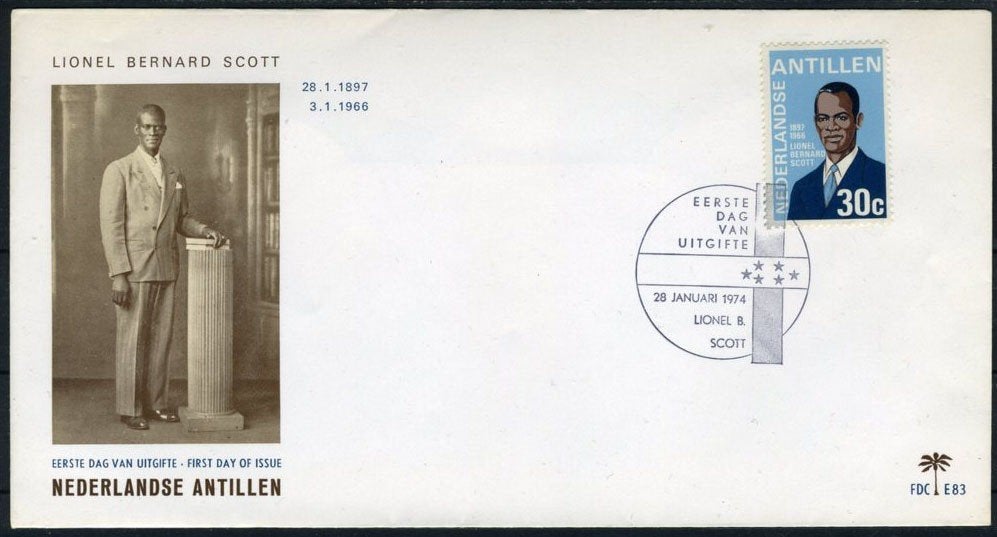 NL. ANTILLEN E83 FDC 1971 - Lionel Bernhard Scott, politicus, Verzenden, Gestempeld