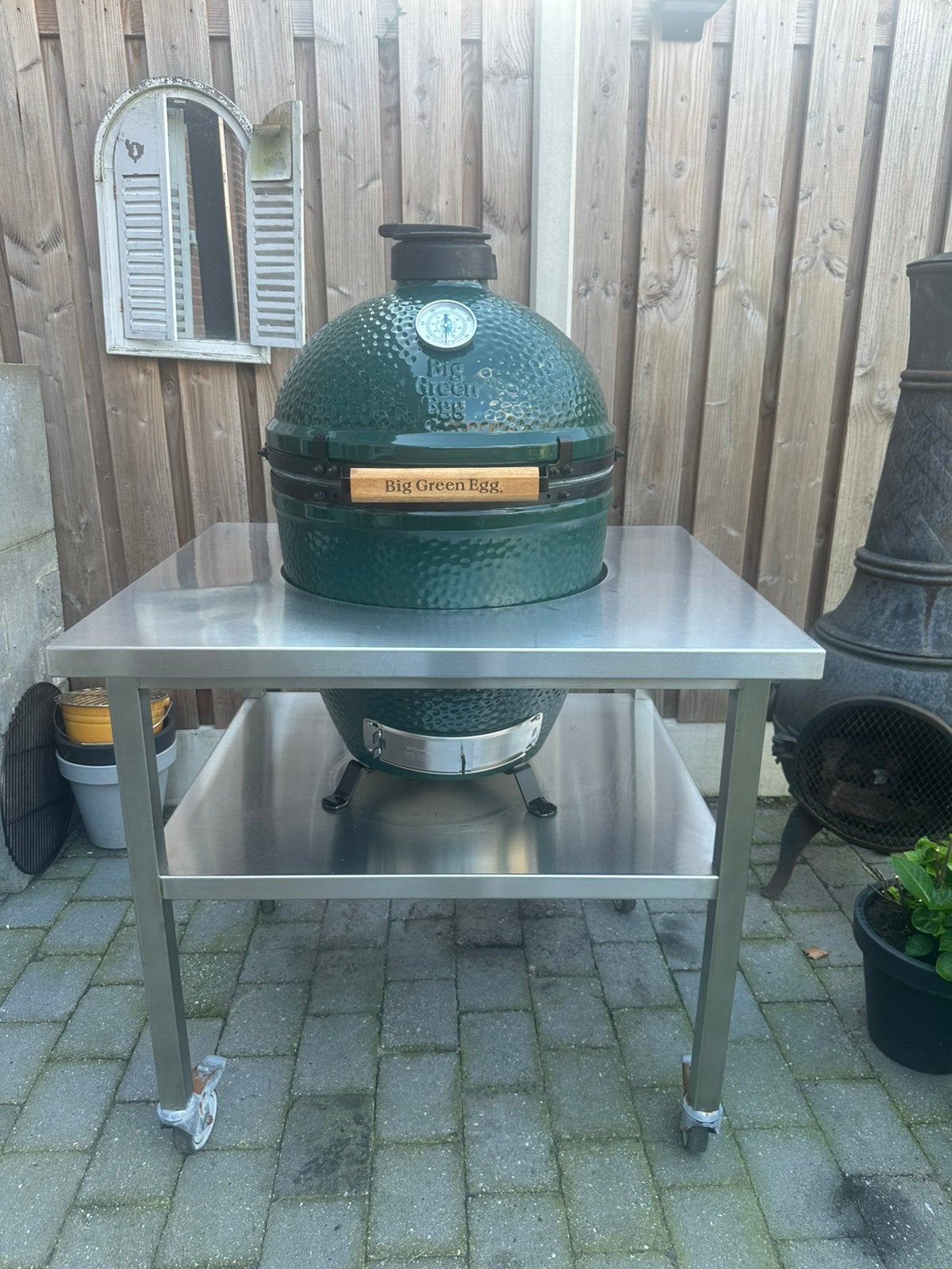 Big Green Egg Large met Horeca RVS Tafel, Enlèvement, Comme neuf, Avec accessoires