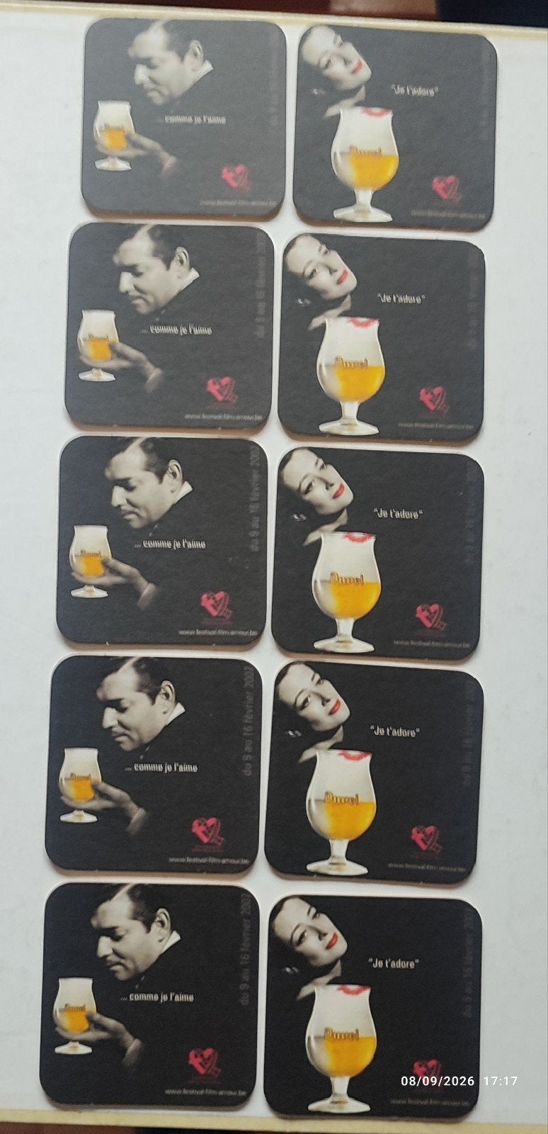 10 sous-bocks DUVEL festival du film d'Amour 2007 ., Collections, Enlèvement ou Envoi, Neuf, Panneau, Plaque ou Plaquette publicitaire