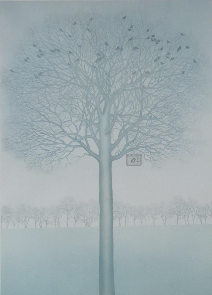 MIA GOOVAERTS / VOGELKOOITJE / KLEURLITHO / 96x73cm / KADER, Enlèvement