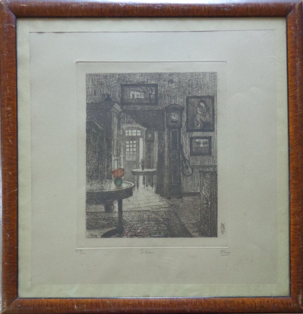 JEHAN FRISON / INTERIEUR / ZW-W ETS + AQUAREL 54x52cm KADER, Enlèvement ou Envoi, Vie quotidienne, Eau-forte, Numéroté