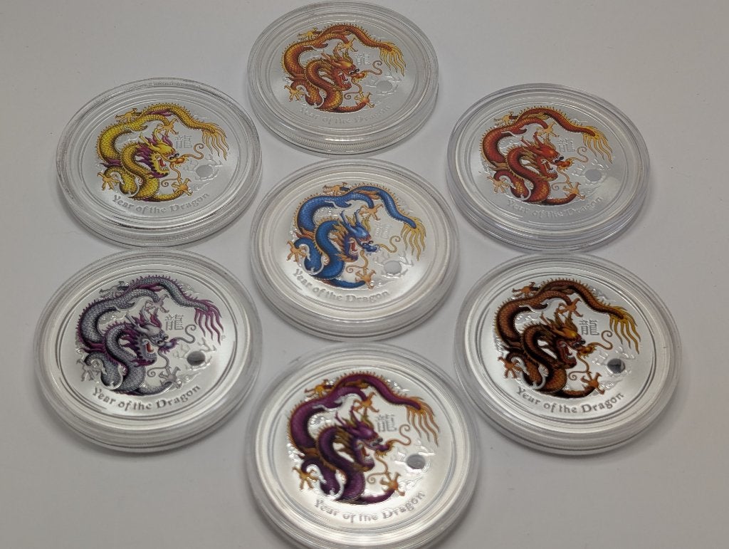 Museale Kavel: 7x Unieke 1oz Zilveren Gekleurde Draken 2012, Enlèvement ou Envoi, Argent