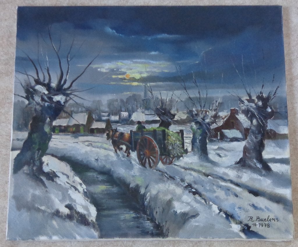 RAYMOND BUELENS / WINTERLANDSCHAP / OLIEVERF DOEK / 70x80cm, Antiek en Kunst, Ophalen, Doek, Expressionistisch, Landschap