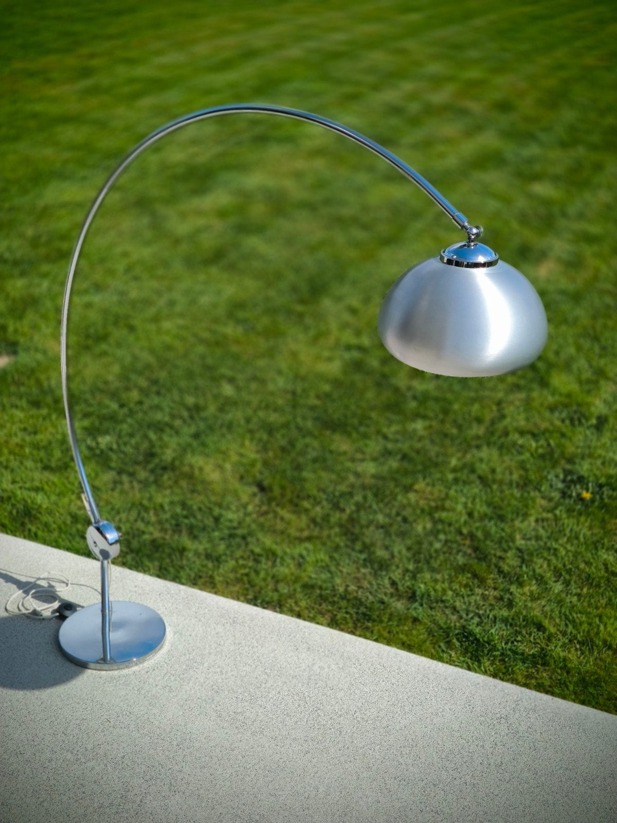 Arc vloerlamp op chromen standaard met geborsteld metalen k, Ophalen, Gebruikt, Vintage, E27 (groot)