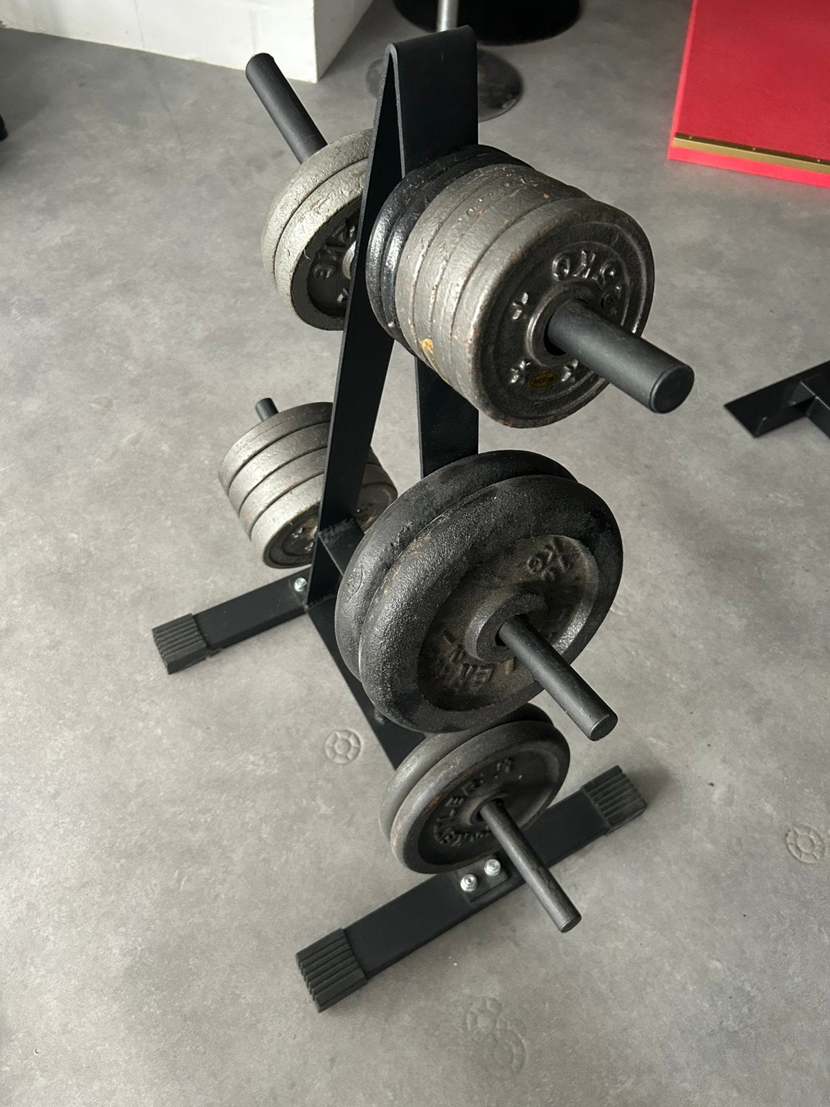 Halterschijven opbergrek + gewichten, Sport en Fitness, Fitnessmaterialen, Ophalen, Gebruikt, Halterschijven