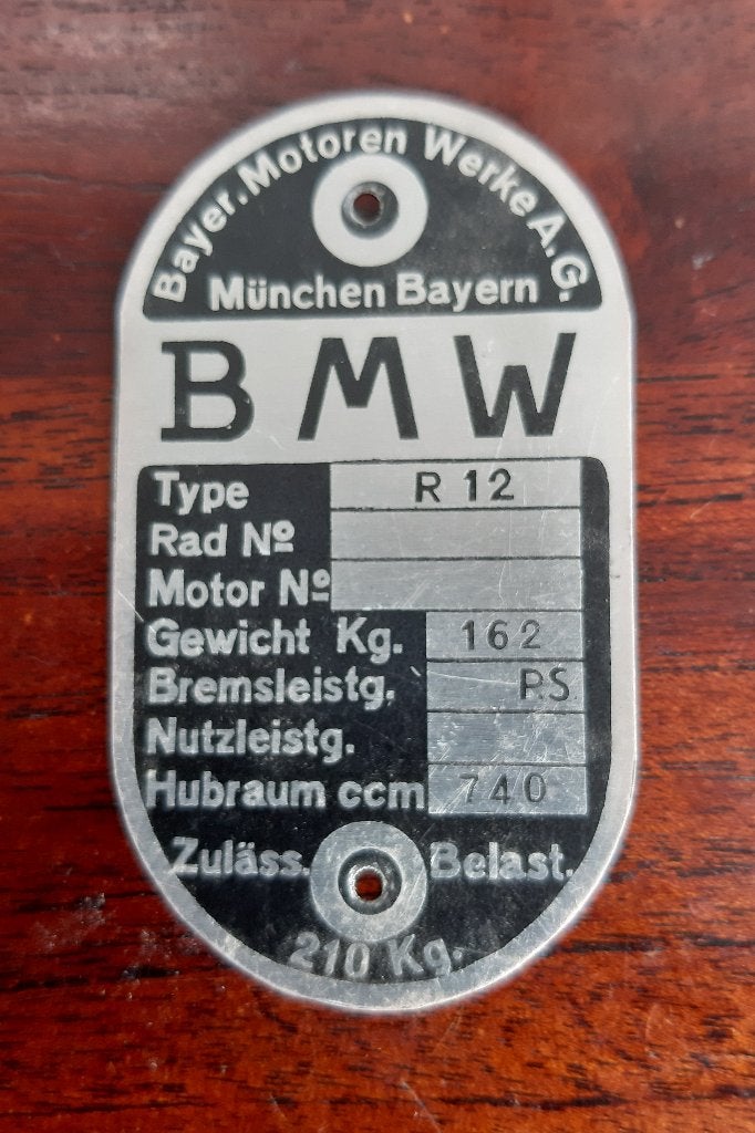 Typeplaatje BMW R12, Envoi, Neuf