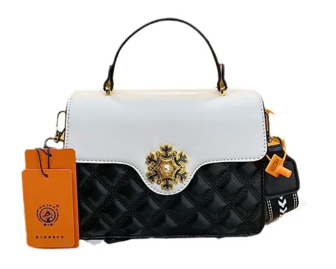 Sac à bandoulière rembourré noir et blanc avec fermeture dor, Enlèvement ou Envoi, Blanc