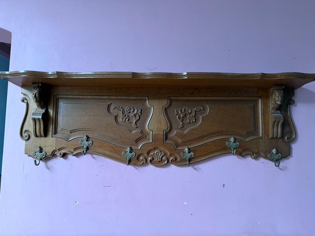 antieke Franse wandkapstok van massief eikenhout, Gebruikt, Minder dan 100 cm, Hout, Ophalen