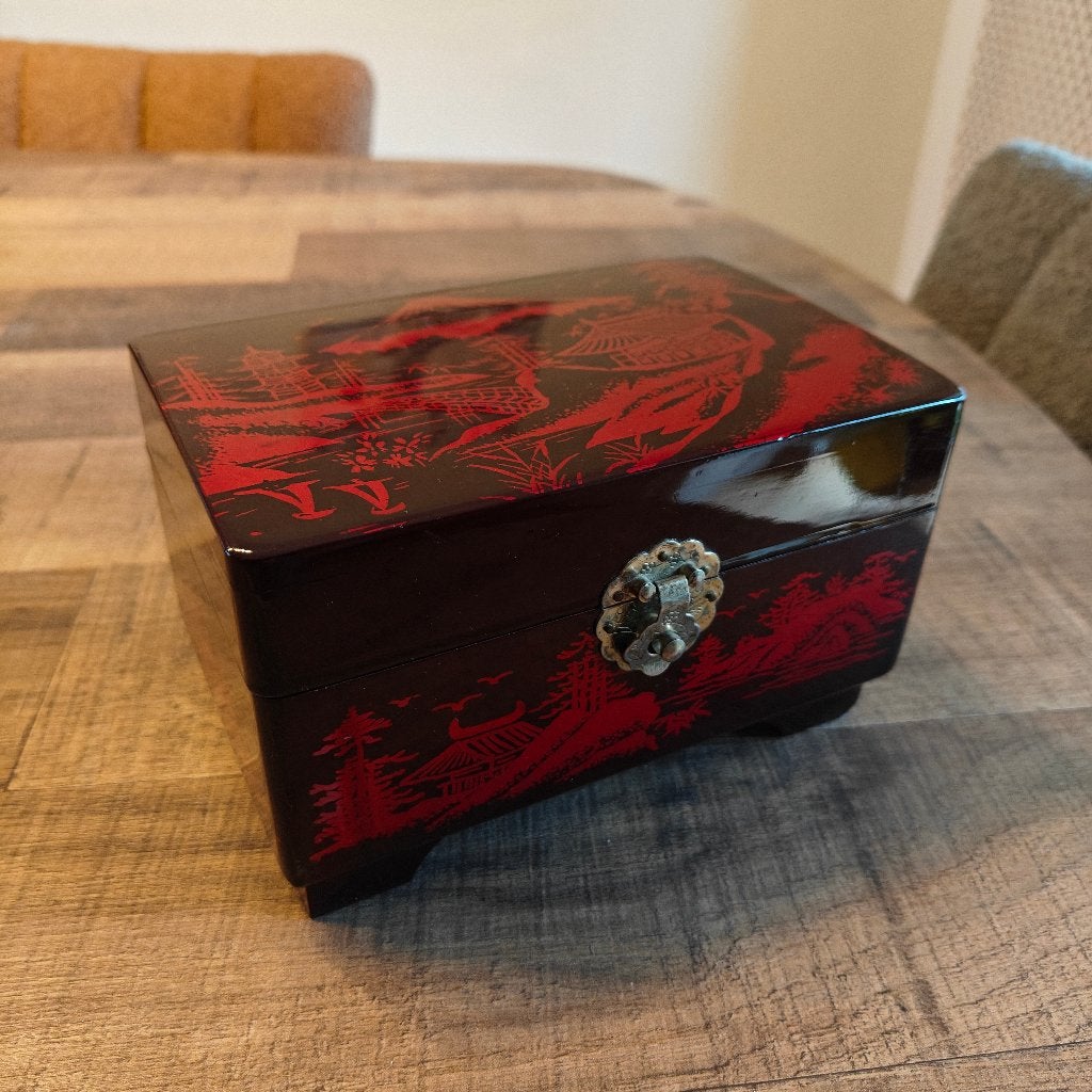 Boîte à bijoux vintage en bois laqué de style japonais, Antiquités & Art, Envoi