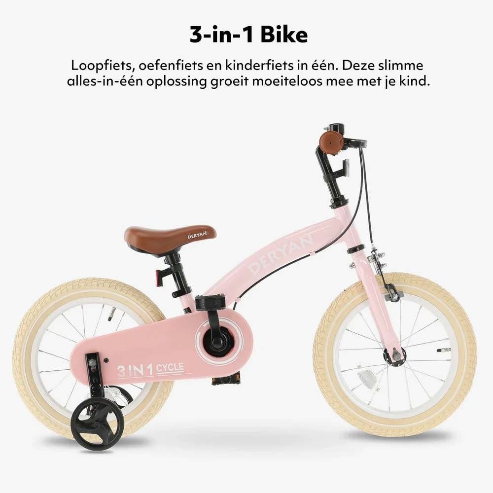 DERYAN 3-in-1 Kinderfiets 14 inch – Loopfiets en Fiets Roze, Ophalen of Verzenden, Zo goed als nieuw