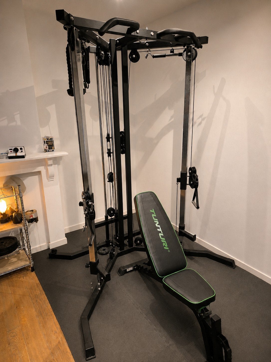 Cablestation + Tunturi bench + gewichten, Sport en Fitness, Ophalen, Benen, Gebruikt, Krachtstation