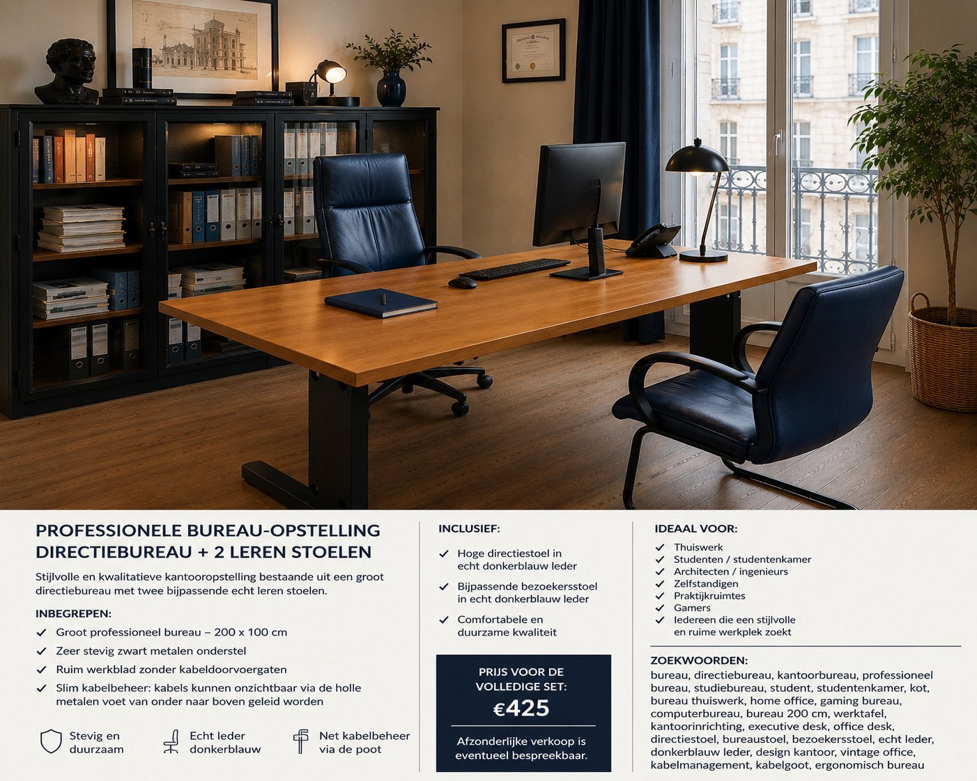 Directiebureau 200x100 + 2 echt leren donker blauwe stoelen, Maison & Meubles, Chaises de bureau, Comme neuf, Enlèvement, Chaise de bureau