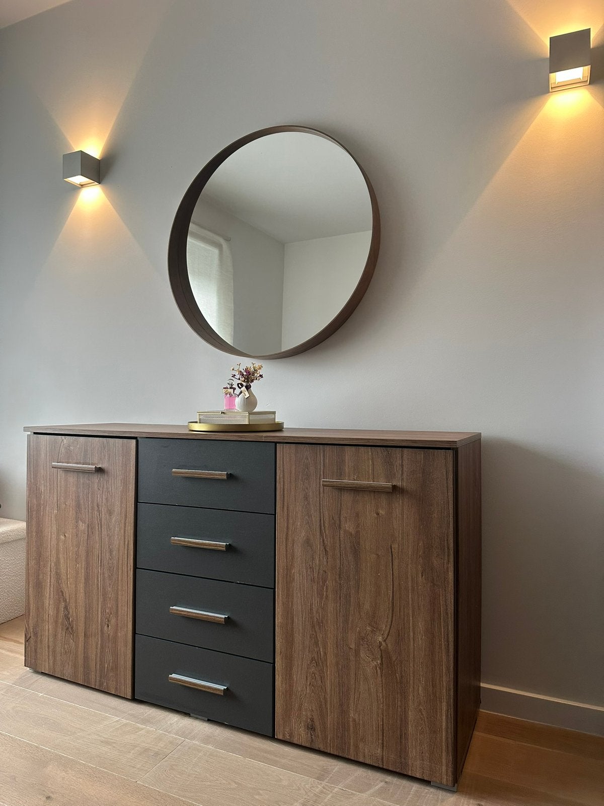 Moderne dressoirkast + ronde spiegel – complete set, Enlèvement, Comme neuf