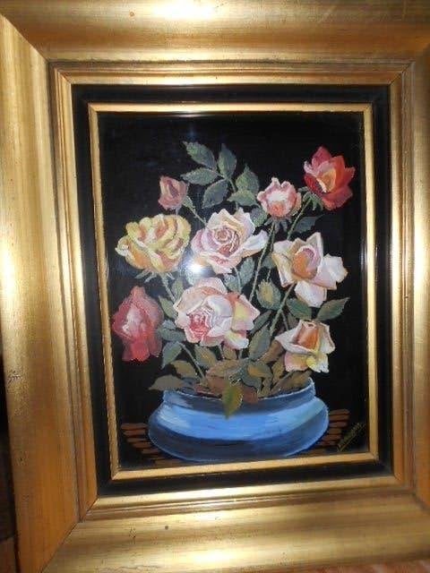 roses peintes sur verre, peinture signée vandamme, Enlèvement ou Envoi, Classique, Fleurs, Autres supports