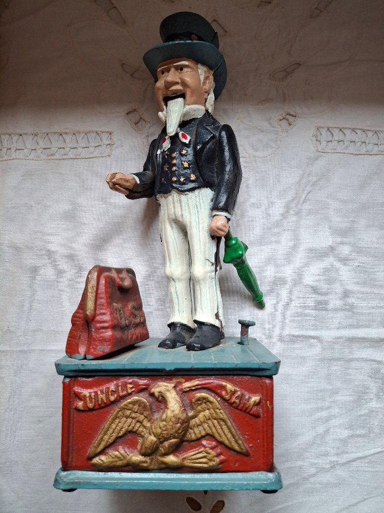 Vintage Uncle Sam gietijzeren mechanische spaarpot, Enlèvement