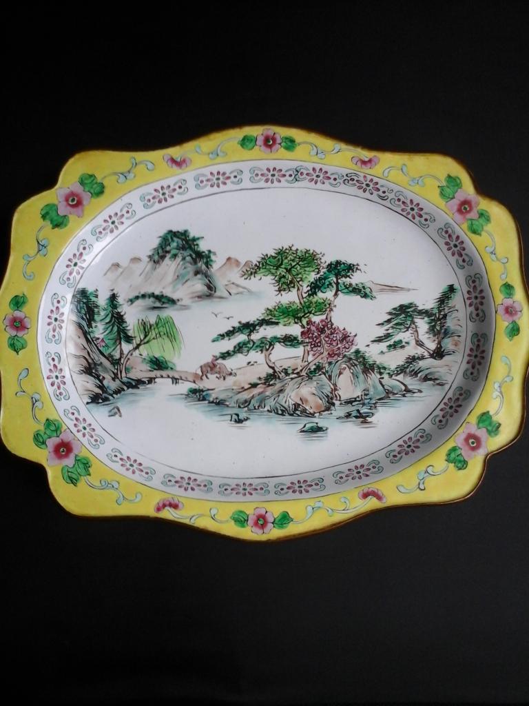 Chinese koperen plaat met Canton emailverf 1930/50, Ophalen of Verzenden, Koper