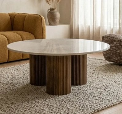 Salontafel met marmeren blad en houten poten - Japandi stijl, Ophalen, Japandi, Rond, 50 tot 100 cm