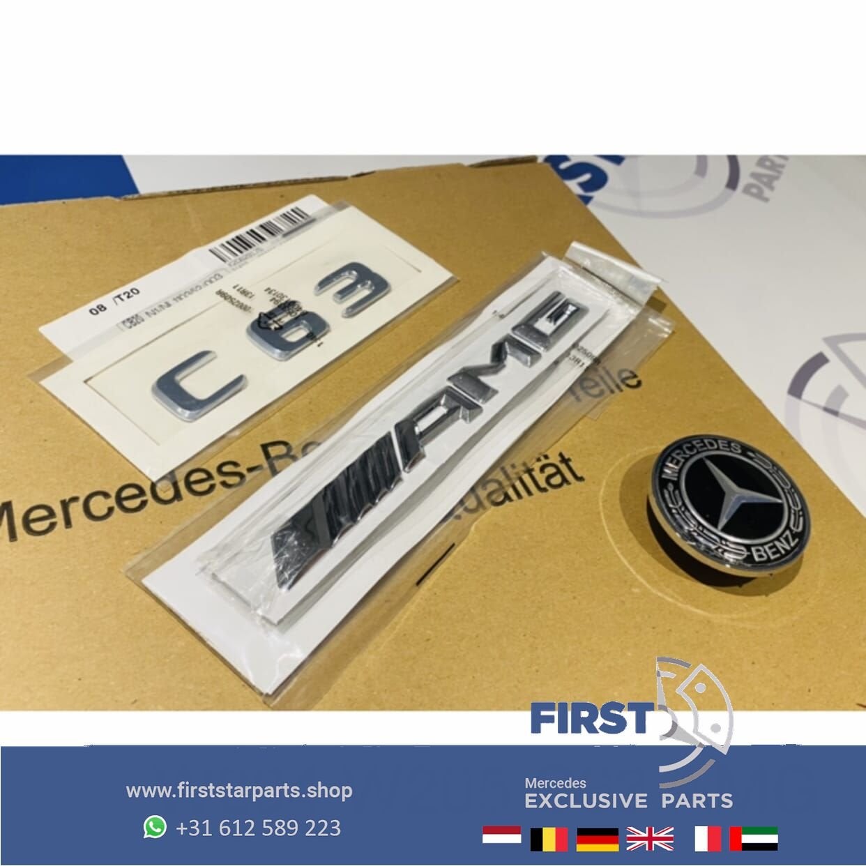 W205 S205 C63 AMG LOGO SET CHROOM EMBLEMEN SET Mercedes C KL, Gebruikt, -, Ophalen of Verzenden, -