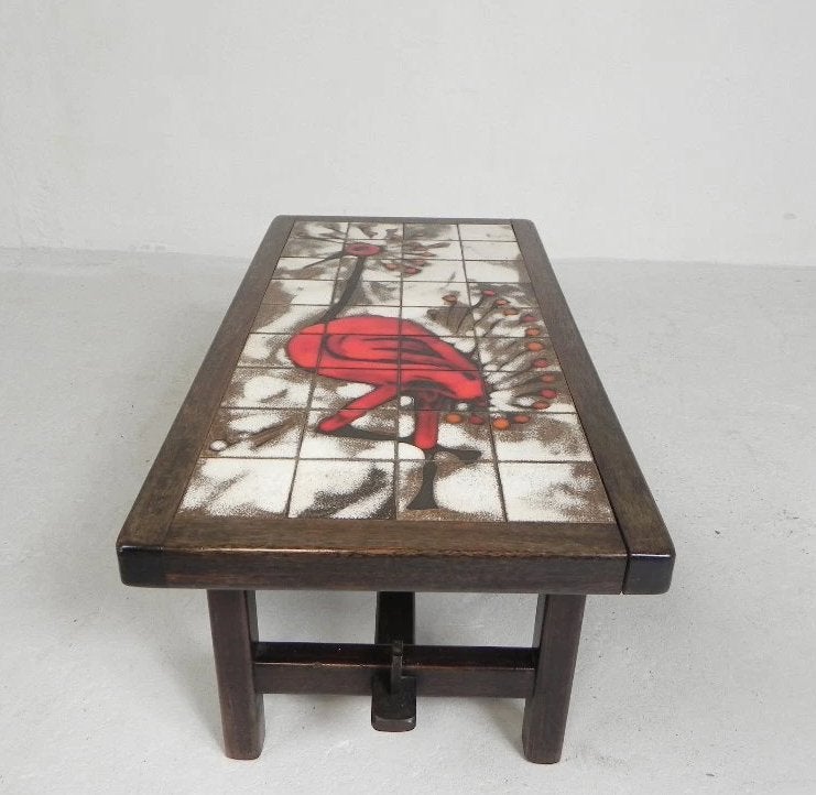 salontafel van keramiek en mahonie, gesigneerd Dan, Ophalen of Verzenden