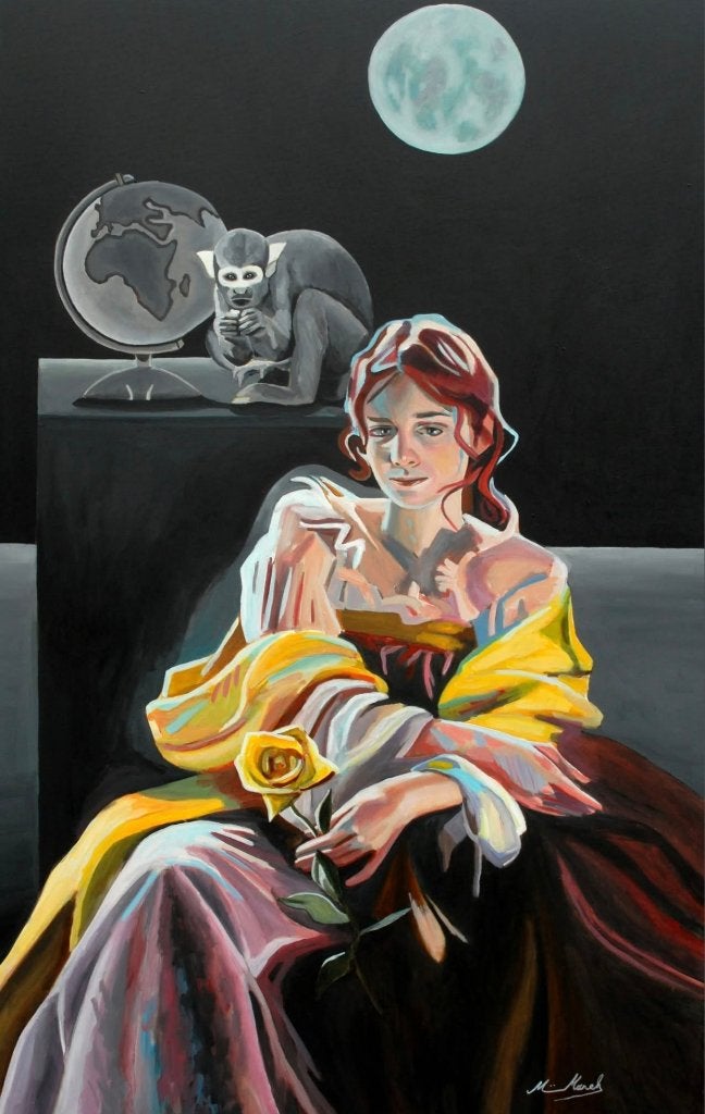 Schilderij dark side of the moon, Antiquités & Art, Art | Peinture | Classique, Portrait ou Personnes, Peinture acrylique, Surréalisme