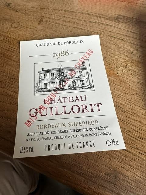 étiquette étiquette 1986 château Guillorit Bordeaux France, Neuf, Enlèvement ou Envoi, Vin rouge, France