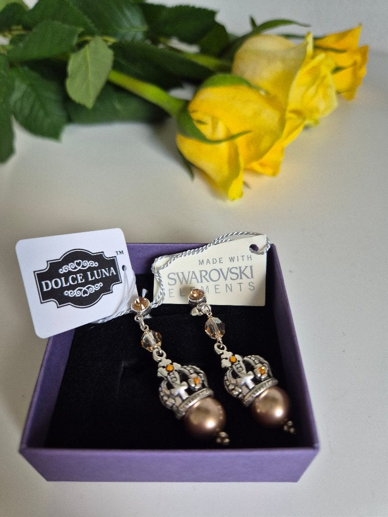 Oorbellen – Champagne Parel & Swarovski, Met kristal, Hangers, Beige, Nieuw
