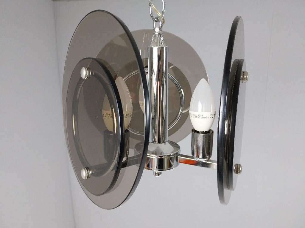 Vintage Design Hanglamp van Rookglas en Chroom, Jaren 70, Enlèvement, Utilisé, Verre, Vintage
